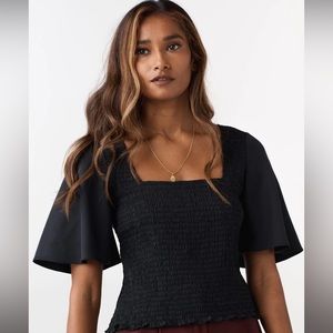 Vetta Capsule reversible smocked flutter sleeve blouse extra small, black tencel